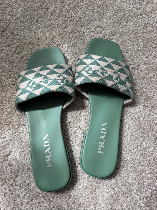 Prada Shoes - Prada Green Leather Slide Sandals with Patterned Jacquard Strap
